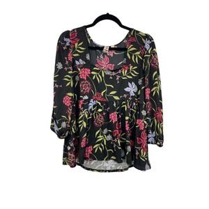 Anthropologie Shirt Womens Medium Top Cherrie Babydoll Black Multi Floral Dolan